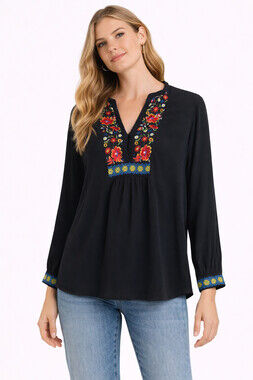 JOHNNY WAS Black Embroidered Floral Boho Artsy Tunic Blouse Size Small